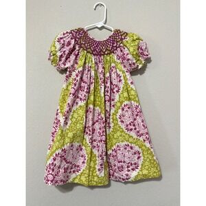 Little Threads Green & Purple Floral Paisley Hand Smocked Dress Size 2 Preppy